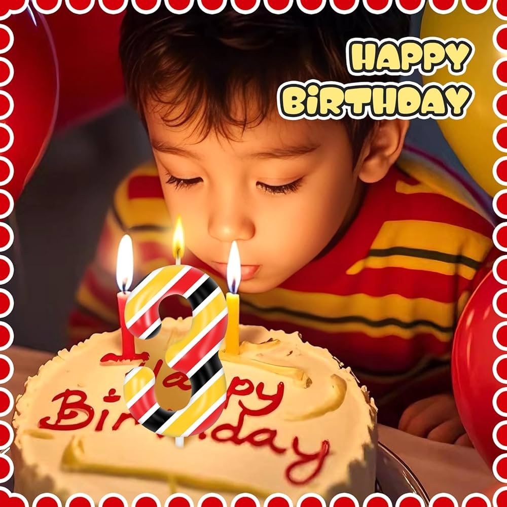Striped Number 3 Birthday Party Candle Cake Topper - Red, Yellow, and Black - Picture 8 of 11